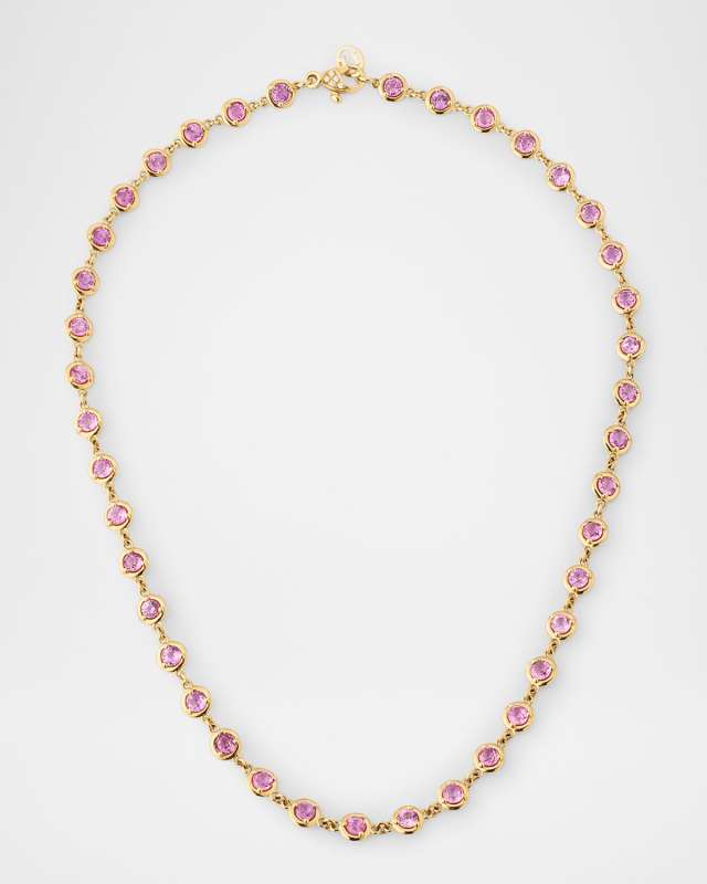 18K Yellow Gold Necklace with White Diamonds and Pink Sapphires, 18"L